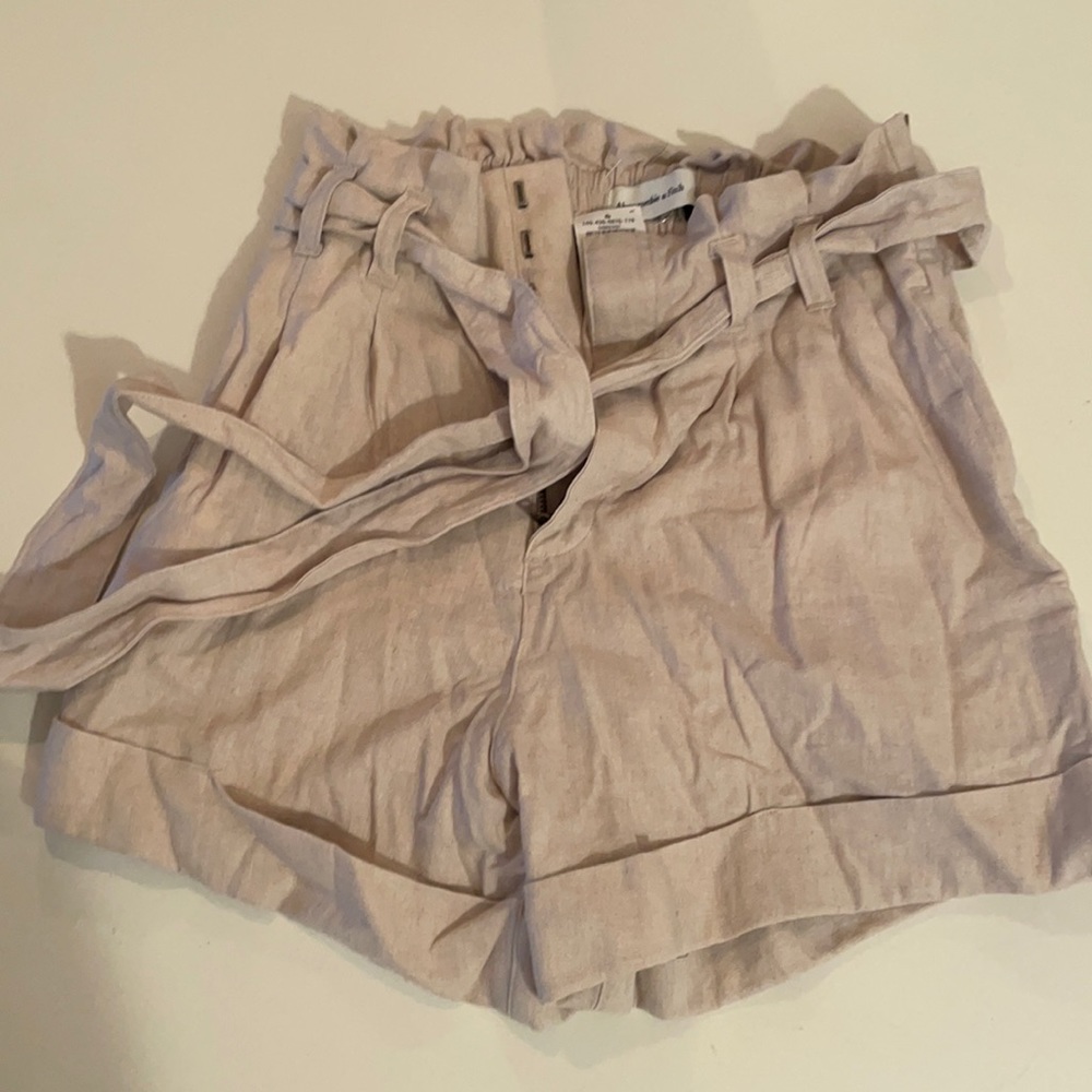 Tan linen paper bag shorts